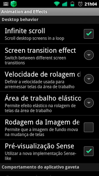 ADWLauncher EX opção Animations and effects