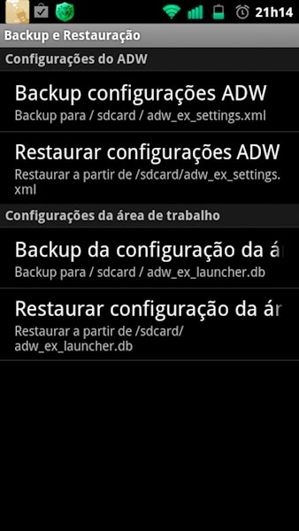 ADWLauncher EX opção  de backup e restauração