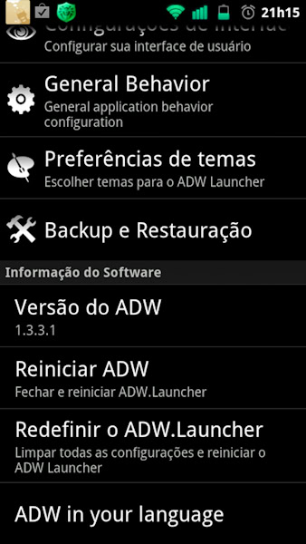 ADWLauncher EX Menu de configuração mostrando opção de redefinir