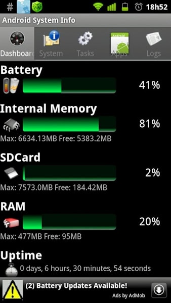 Aplicativo Android System Info aba dashboard