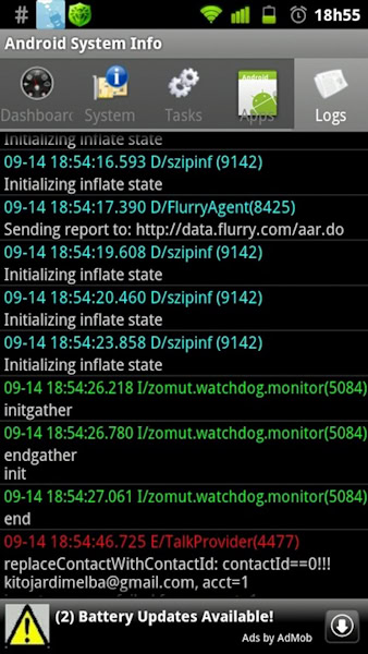 Aplicativo Android System Info aba logs
