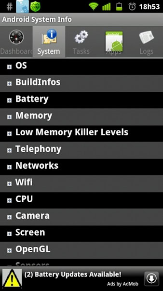 Aplicativo Android System Info aba System