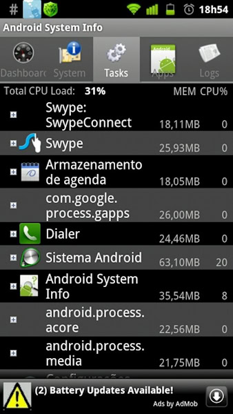 Aplicativo Android System Info aba Task