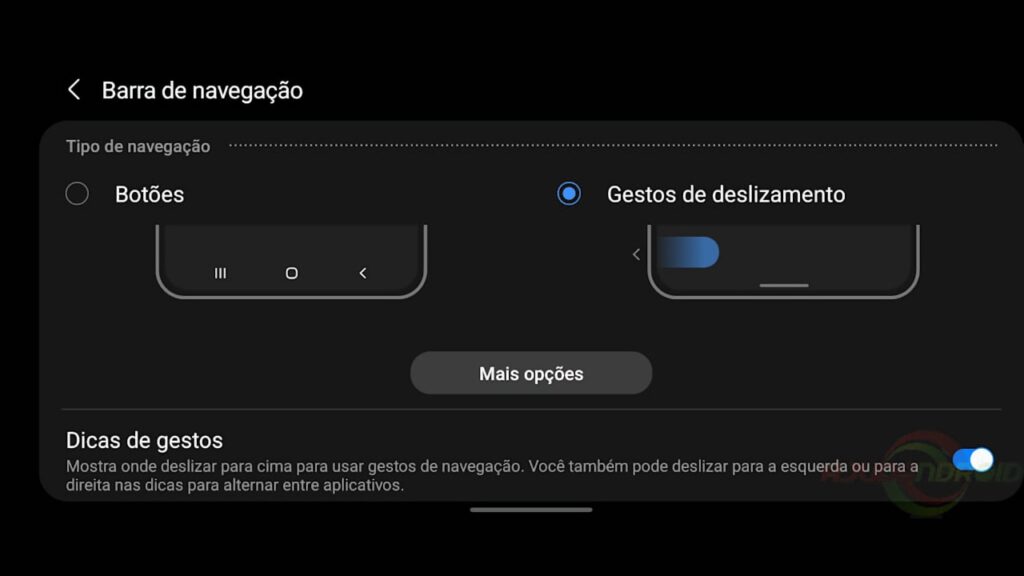 Navegação botão virtual e navegação por gestos