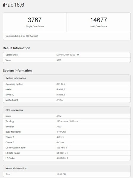Geekbench 6 Apple M4 iPad 16.6 Pro vazamento