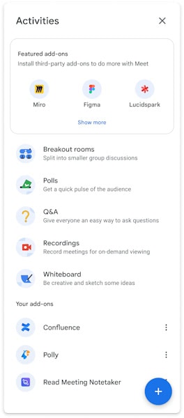 Google Meet lista de complementos para computador