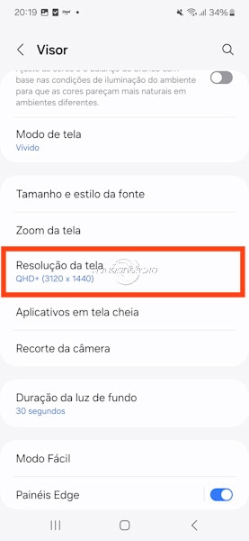 Samsung como alterar resolução da tela opções