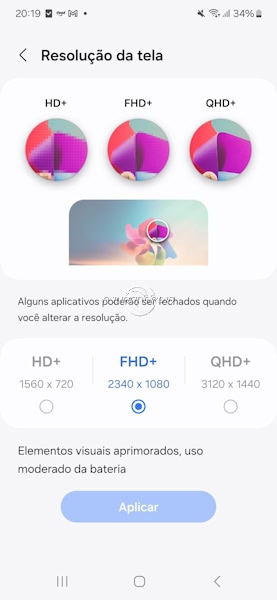 Samsung como alterar resolução da tela padrão em Full HD+