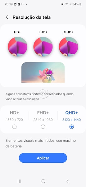 Samsung como alterar resolução da tela em QHD+