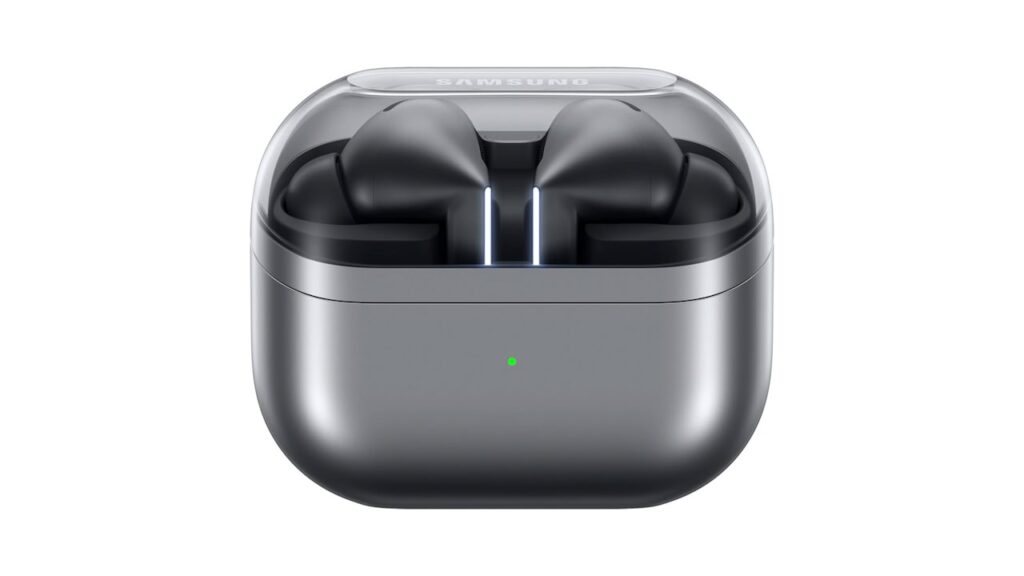 Galaxy Buds 3 Pro no estojo de carregamento com a luz ligada