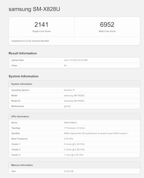 Galaxy Tab S10 teste Geekbench