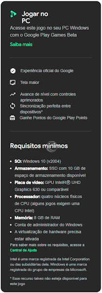 Google Play Games requisitos mínimos computador