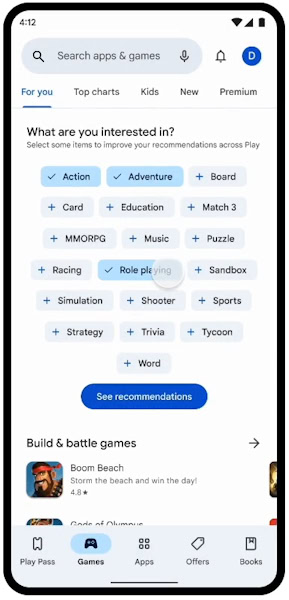 Google Play Store recomendação para jogos com base nos interesses