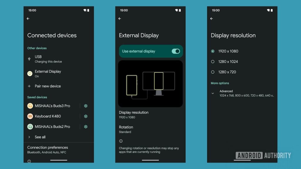 Android 15 opção para a tela externa, ativar ou desativar, trocar resolução e ângulo do monitor