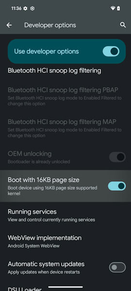 Android suporte para tamanho de página de 16 KB na opção de desenvolvedor