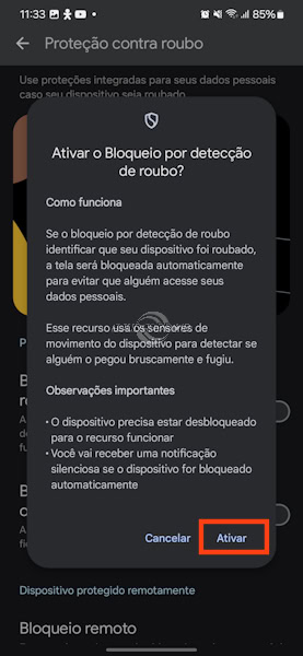 Como ativar as proteções contra roubo e furto, Bloqueio de detecção de roubo