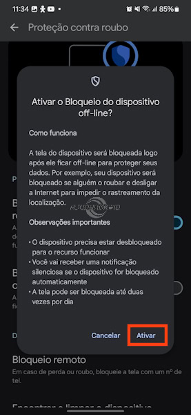 Como ativar as proteções contra roubo e furto, bloqueio off-line