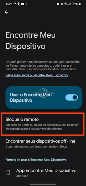 Como ativar as proteções contra roubo e furto, Bloqueio remoto