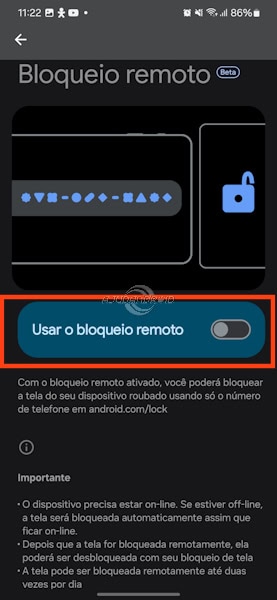 Como ativar as proteções contra roubo e furto, Bloqueio remoto