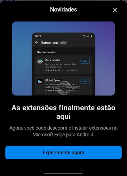 Microsoft Edge aviso da liberação de extensões no Android