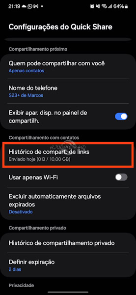 Quick Share compartilhamento com link e QR Code com limitação de 10GB