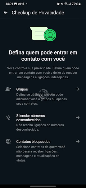 Controle de privacidade do WhatsApp seção Defina quem pode entrar em contato com você