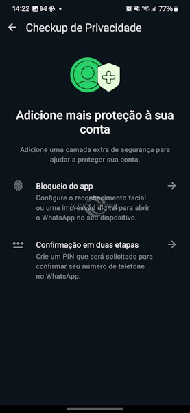 Controle de privacidade do WhatsApp seção Adicione mais privacidade às suas conversas