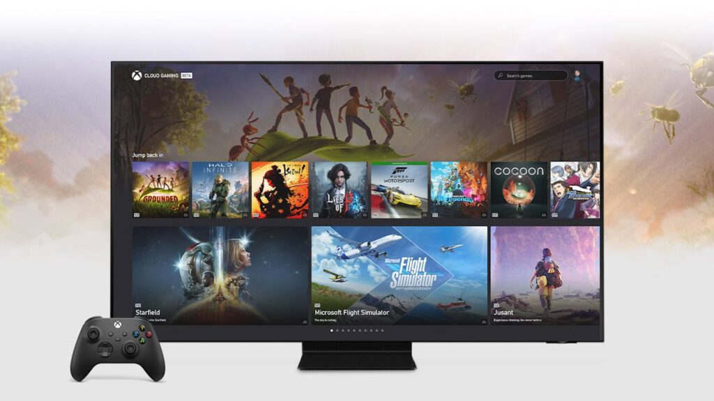 Xbox Cloud, controle do Xbox e TV mostrando games disponíveis