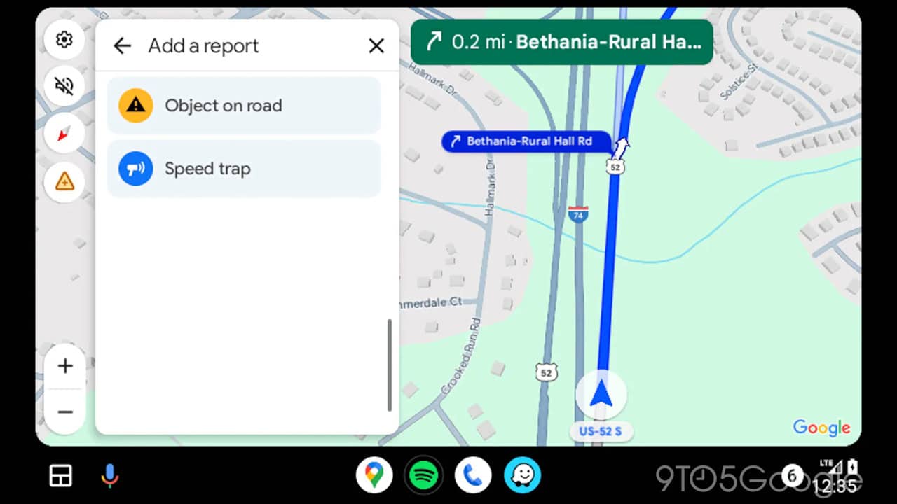 Android Auto mostrando no Google Maps o relátorio de incidentes