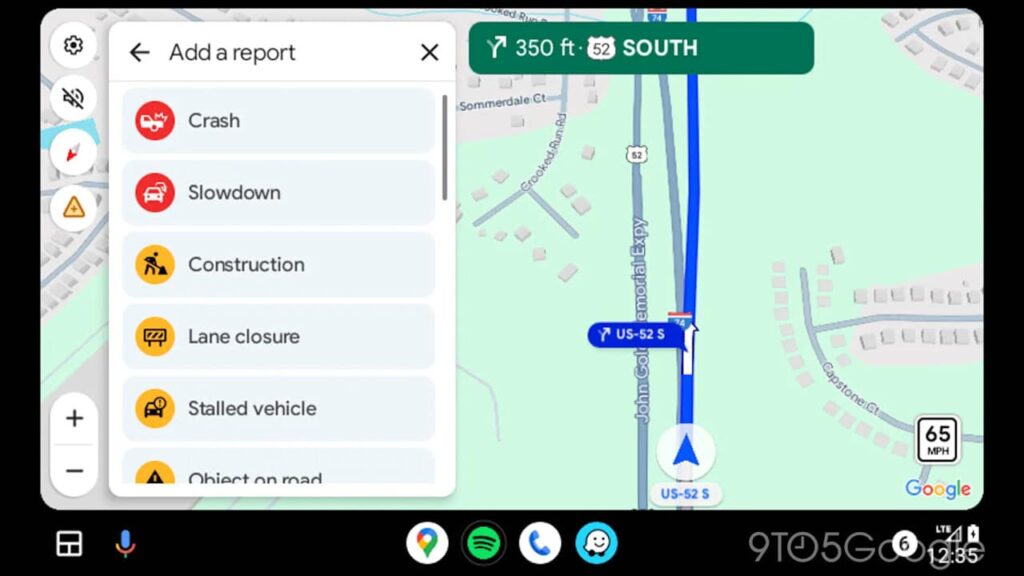 Android Auto mostrando no Google Maps o relátorio de incidentes