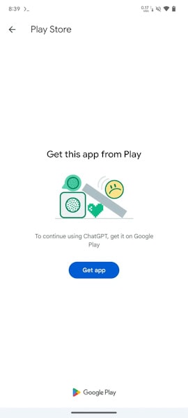 Aplicativo ChatGPT bloqueando o uso de seu APK instalado no Android