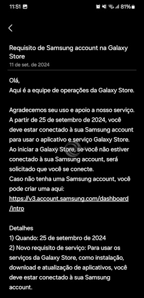 Galaxy Store, aviso de conta da Samsung como exigência , parte 1