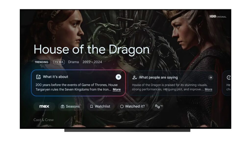 Google TV visões gerais do conteúdo que é criado utilizando a IA Gemini