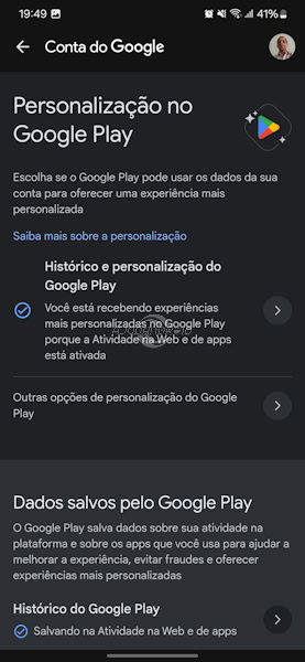 Personalização no app Google Play na loja do Android