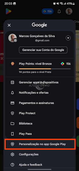 Personalização no app Google Play na loja do Android