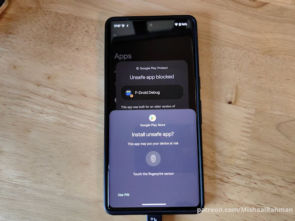 Android pedindo biometria e PIN para instalar APK