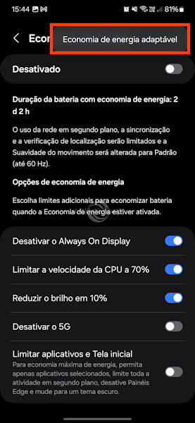 Como ativar a Economia de energia adaptável nos Samsung Galaxy