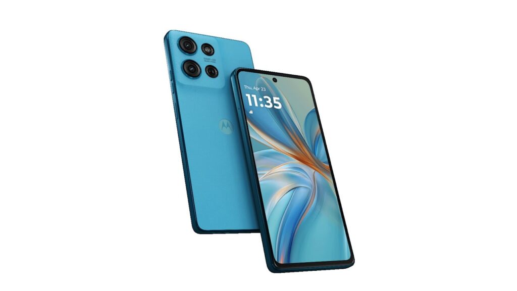 Moto G75 frontal e traseira na cor Azul