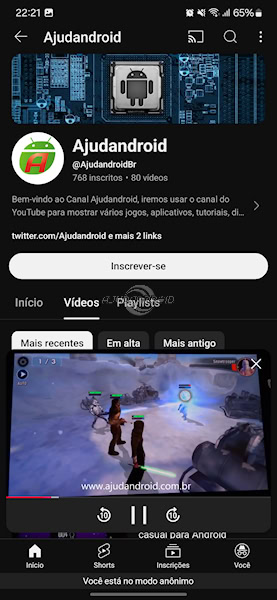 YouTube mini janela para visualização de vídeo no telefone