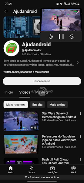 YouTube mini janela para visualização de vídeo no telefone