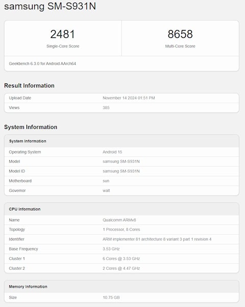 Galaxy S25 (SM-S931N) teste no Geekbench