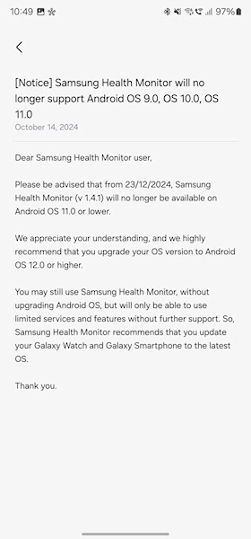 Samsung Health Monitor notificação do suporte chegando ao fim nos Android 11 e mais antigos