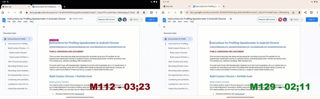 Chrome Android, versão M112 vs M129, teste Google Docs