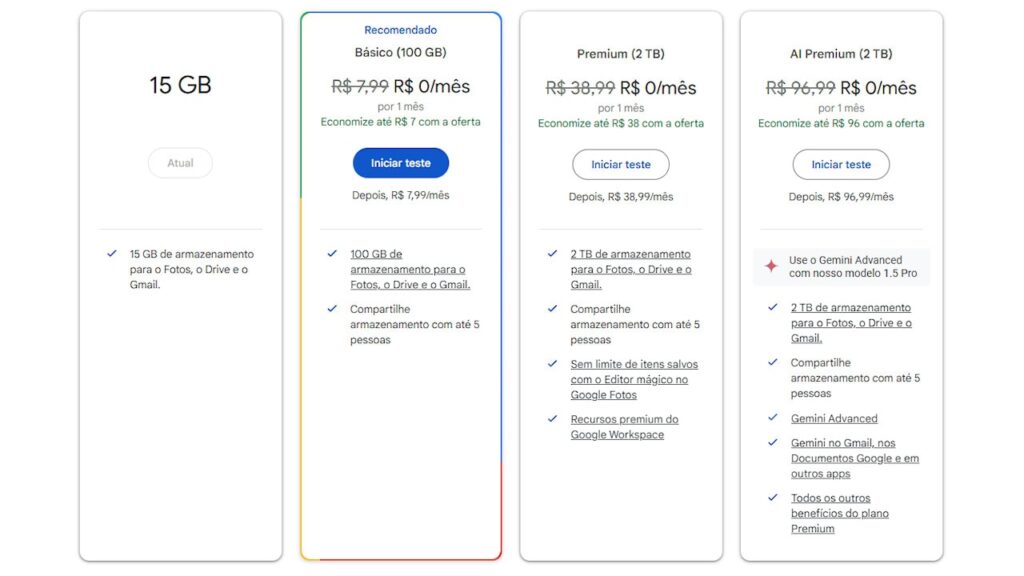 Google One planos existentes até dezembro de 2024 (antes da chegada do Google One Lite)