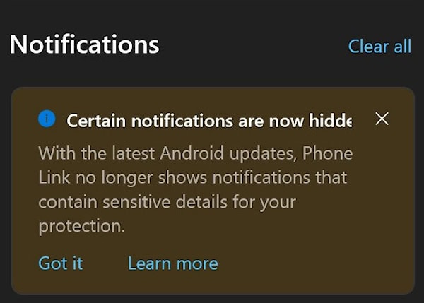 Vincular ao Windows, Android 15 mostrando aviso de notificações privadas