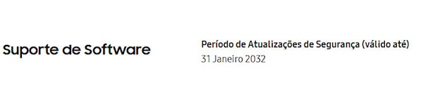 Galaxy S25 Ultra página de especificações mostrando período de suporte