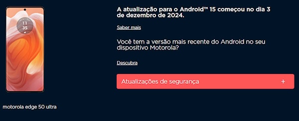 Motorola Edge 50 Ultra com Android 15 na página de suporte da Motorola no Brasil