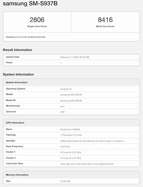 Galaxy S25 Edge teste no Geekbench